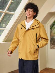 Whitmere 1pc Men's Mustard Yellow Hooded Windbreaker, Men's Utility Jacket, Men's Jacket, Men's Windbreaker, Anti-Lost Zipper Large Pockets Design, Sporty, Machine Washable, Outdoor Hiking Functional Jacket, Comfortable Daily Menswear Top - Yellow - View 1