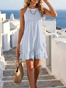 Breezaya Plus Size Summer French Blue And White Stripe Off-The-Shoulder A-Line Dress For Ladies, Sleeveless Asymmetric Ruffle Trim Tropical Holiday Vacation - Multicolor - View 1