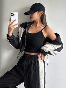 Dazy Tall Women's Colorblock Patchwork Short Jacket And Loose Long Pants Street Casual 2 Pieces Set Fall - Black - View 8