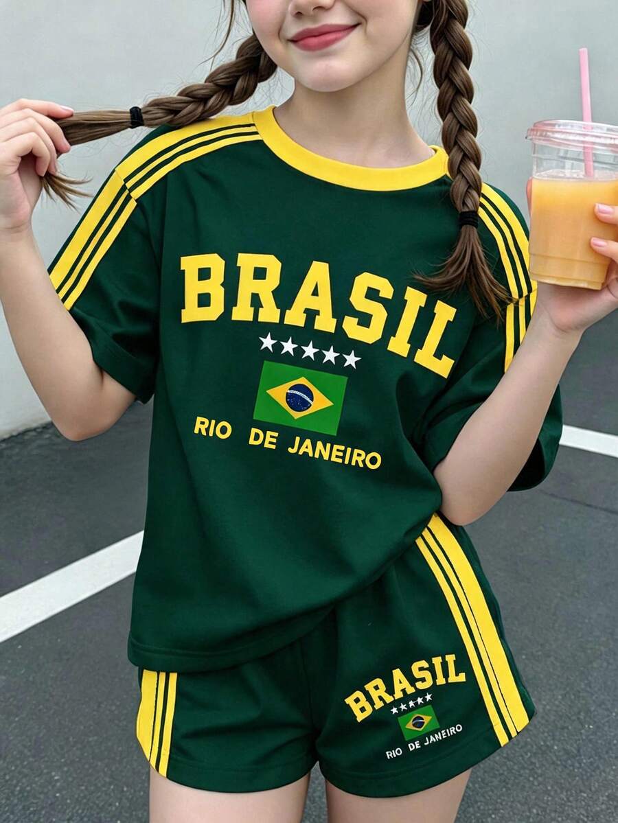青少年女孩休閒極簡時尚運動球衣風,休閒極簡 BRASIL 圖案,對比色短袖與短褲兩件套,適合夏季,圖案、Y2K、舒適,女孩套裝,世界盃 - 彩色 - 查看 1