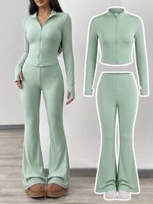 SHEIN Girlism NovaGlow 青少年女孩運動休閒日常針織素色開襟外套與喇叭長褲套裝 - 薄荷綠 - 查看 1
