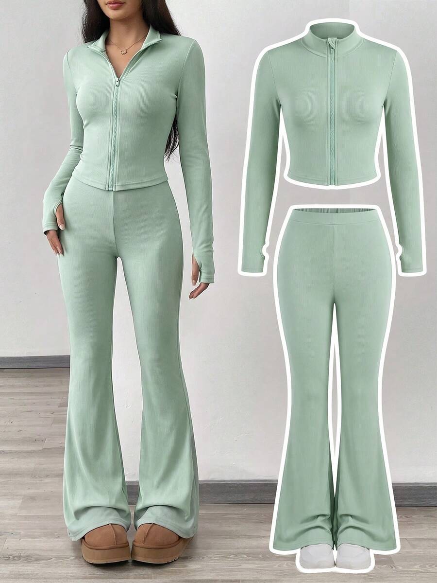 SHEIN Girlism NovaGlow 青少年女孩運動休閒日常針織素色開襟外套與喇叭長褲套裝 - 薄荷綠 - 查看 1