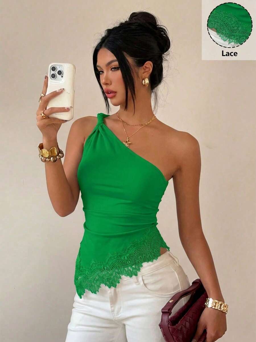Siren Gaze 蕾絲拼接扭轉單肩上衣,優雅性感修身女款,嘉年華夏季休閒風,露肩露背,派對外出綠色 - 綠色 - 查看 1