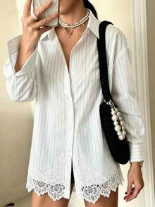 Avenya Chemise à manches longues avec col à bordure en dentelle rayée, style décontracté élégant et chic, pour le quotidien, les trajets, la Fête des enseignants, le brunch et le bureau, noir et blanc, automne - Blanc - Voir 6