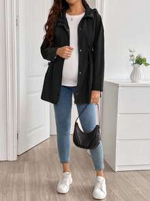 SHEIN Maternity Solid Color Zip-Up Hooded 3-In-1 Jacket Autumn /Winter Casual Office Family Vacation Beach Black - Black - View 5