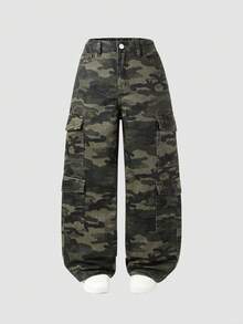 SHEIN Explorewe Y2K風格多口袋休閒抽繩腰迷彩印花工裝牛仔褲，適合青少年女孩，適用於學校、校園、大學穿著 - 軍綠色 - 查看 8
