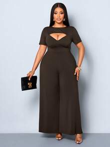 SOLERSUN Ladies' Plus Size Elegant Sexy Party Going Out Night Chest Hollow Short Sleeved Hanging Jumpsuit Chocolate Brown Summer - Brown - View 7