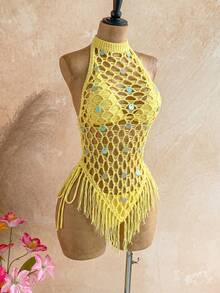 Soleia Women's Solid Color Halter Tie Sexy Tropical Boho Bikini With Triangle Panties And Sequin Fringe Design Dress Knit Set Beach Party Vacation Yellow - Yellow - View 4