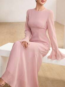 Graceveil Elegant Polka Dot High Neck Flared Sleeve Cinched Waist Mermaid Dress - Pink - View 2