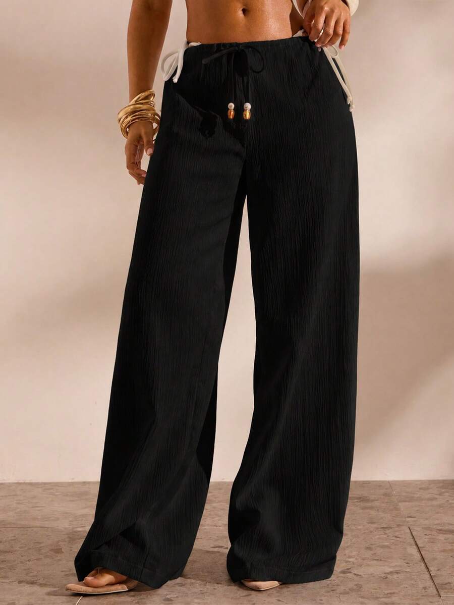 Opulessa Women's Solid Color Waist Tie Cover-Up Pants For Vacation - 黑色 - 查看 1