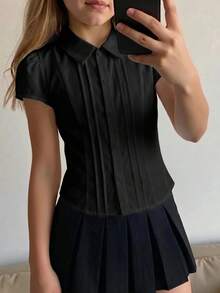 青少年女孩黑色極簡百搭修身短袖襯衫 - 黑色 - 查看 3