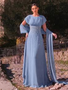 Aureia 優雅浪漫時尚雪紡布料水鑽裝飾抓皺修身A字裙 派對禮服 婚禮賓客禮服 單身派對禮服 正式晚禮服 - 霧霾藍 - 查看 1