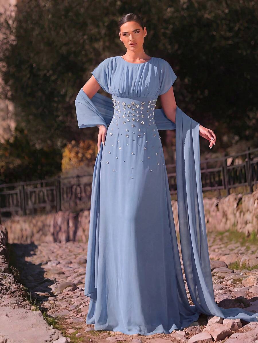 Aureia 優雅浪漫時尚雪紡布料水鑽裝飾抓皺修身A字裙 派對禮服 婚禮賓客禮服 單身派對禮服 正式晚禮服 - 霧霾藍 - 查看 1