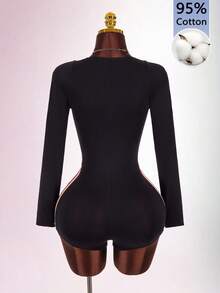Amplova Underwire Cup Detail Fitted Long Sleeve Square Neck Flat Knit Colorful Mini Jumpsuit - Black - View 10