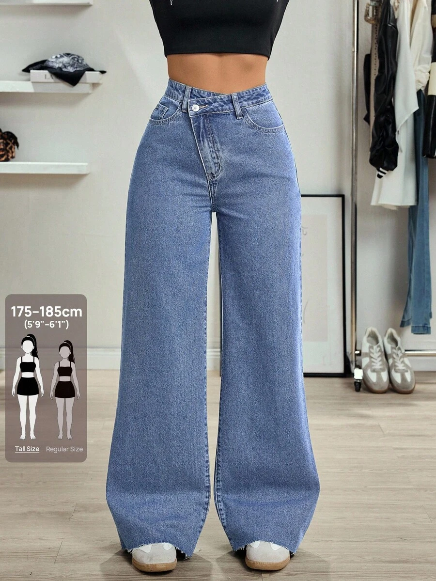 SHEIN Tall 女款高個子休閒百搭設計高腰直筒牛仔褲,日常穿著,藍色,秋季 - 淺色水洗藍 - 查看 1