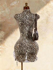 Amplova Women's Leopard Print Mini Dress With Cheongsam Collar - Multicolor - View 4