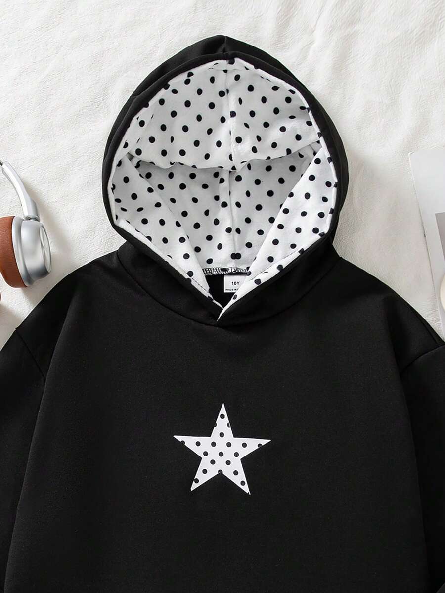 SHEIN 青少年女孩休閒街頭風波點毛絨帽,星星與波點印花,適合街頭穿搭,女孩衛衣搭配 - 黑色 - 查看 1