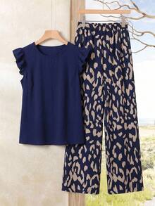 Comfylo Plus Size Casual Solid Color Top And Leopard Print Pants 2 Pieces Set - Navy Blue - View 3