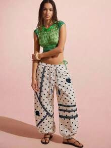Bohemela Casual Cute Woven Polka Dot Pattern Loose Cuffed Women's Long Pants Vacation Pink Autumn - White - View 4