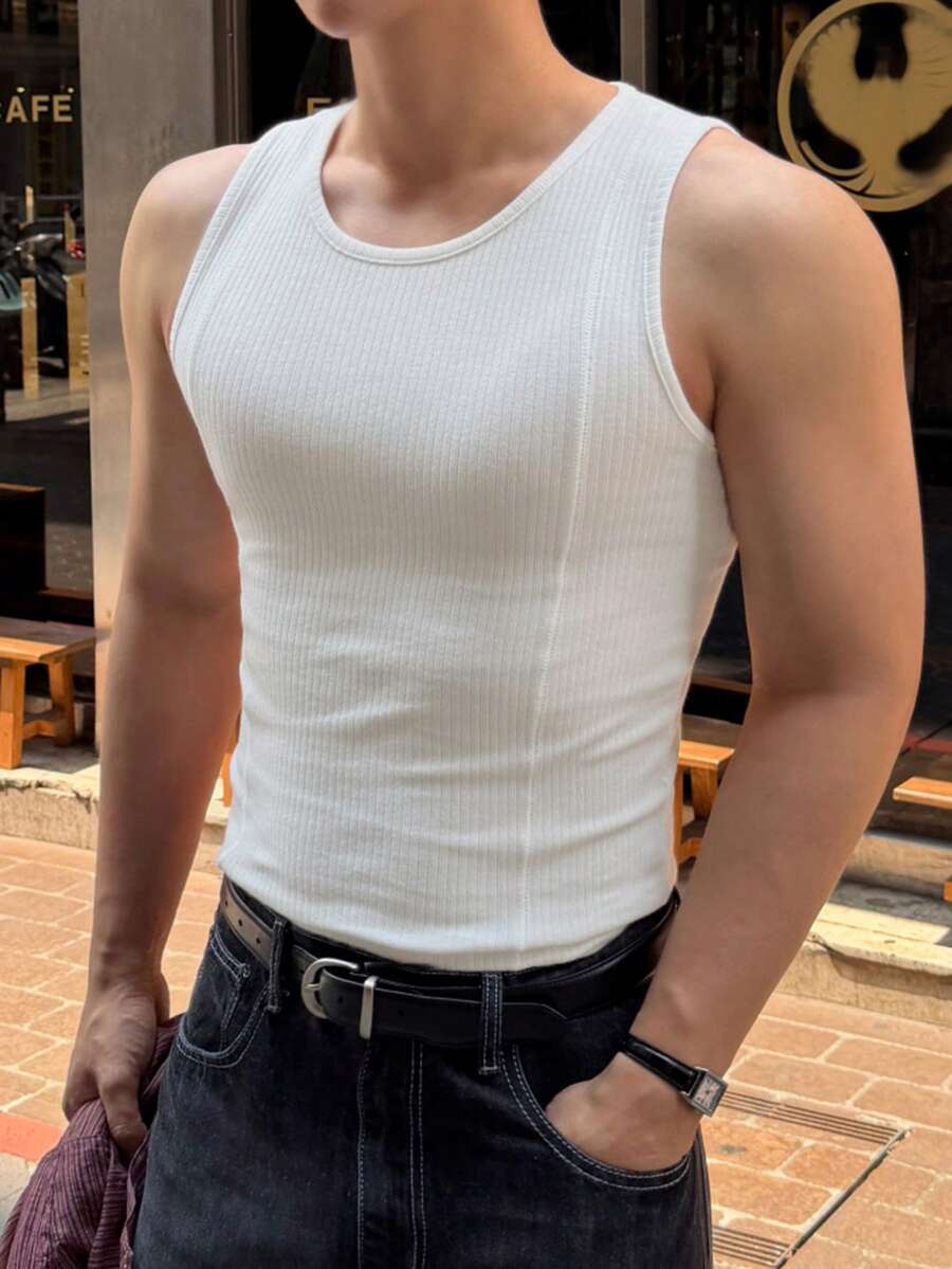 DAZY Camiseta de tirantes de cuello redondo minimalista acanalada para hombre, versátil para uso diario - Blanco - Ver 1