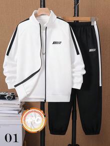 SHEIN 青少年男孩休閒運動字母圖案寬鬆版型全開襟立領運動外套與慢跑褲2件套，適合秋冬休閒運動風 - 黑與白 - 查看 6