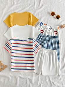 SHEIN Vintaside Kids 男嬰嬰兒多件套裝圓領短袖簡約休閒百搭可愛T恤與百搭時尚休閒短褲套裝，適合外出、露營、野餐、日常休閒、幼兒園上學或度假旅行穿著 - 彩色 - 查看 2
