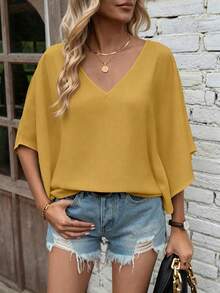 EMERY ROSE Áo sơ mi tay ngắn cổ chữ V màu trơn, dáng rộng, thoải mái, thích hợp cho kỳ nghỉ. - Màu vàng - Xem 6