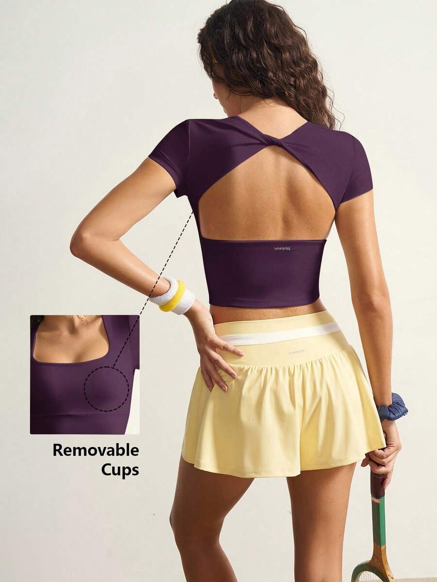 VARSIVA Workout Women Tops Casual Solid Color Cropped Sports T-Shirt, Summer Bustier Crop Sports Tee - Purple - View 1