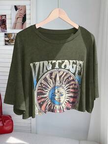 Comfortcana Camiseta holgada de talla grande con estampado de sol en verde, primavera/verano - Verde militar - Ver 1