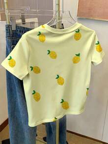 Young Girl Casual Minimalist Cute Polka Dot Mini Shiny Textured Lemon Pattern, Cream Yellow, Pastoral Vacation Style, Round Neck Short Sleeve T-Shirt Suitable For Summer Kawaii, Graphic Tee, Cozy, Tops, Cute - Multicolor - View 3