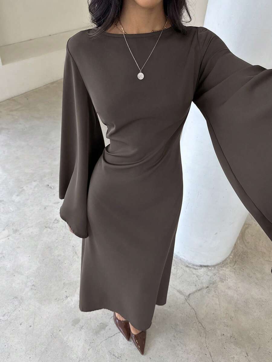 Aloruh 女款優雅露肩收腰綁帶棕色洋裝，適合派對與度假
