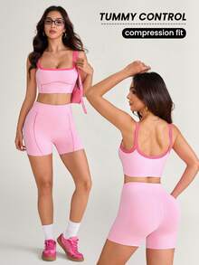 SHEIN Sovereign Charm Conjunto deportivo de mujer con top de tirantes corto de bloques de color y shorts - Multicolor - Ver 2
