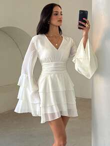 Aloruh Boho Romantic Tropical European Elegant White Deep V-Neck Multi-Layer Hem Bell Sleeve Fitted Waist Mini Dress For Women Wedding Vacation Beach Fall - Apricot - View 4
