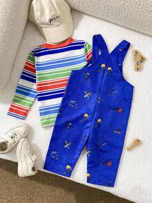 SHEIN Playful Pals 2件組男嬰春秋款藍色拼接條紋長袖T恤與工具印花吊帶褲，寬鬆舒適，適合日常穿著、學校活動、戶外玩耍、家庭聚會與拍照 - 藍色 - 查看 2