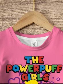 THE POWERPUFF GIRLS X SHEIN 女童卡通圖案印花圓領短袖洋裝 - 白色 - 查看 3