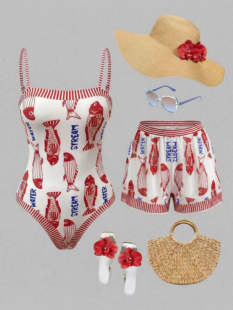 Swim Oasis 女款字母魚紋印花連身泳衣與短褲套裝,適合海灘度假、泳池派對、海灘派對 - 彩色 - 查看 1