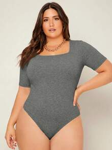 SHEIN BASICS 大尺碼純色圓領連身衣女款夏季穿搭 - 灰色 - 查看 7