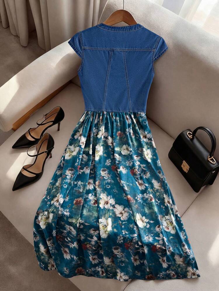 GlowEve Women's Floral Print Patchwork Denim Dress Party Garden Navy Blue Floral Autumn Vintage Casual - Blue - View 2