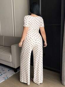 Dazy Plus Fashion Polka Dot Fitted Short Sleeve Top & Long Pants 2-Piece Set, Spring/Summer Loungewear Pajama Set - Apricot - View 4