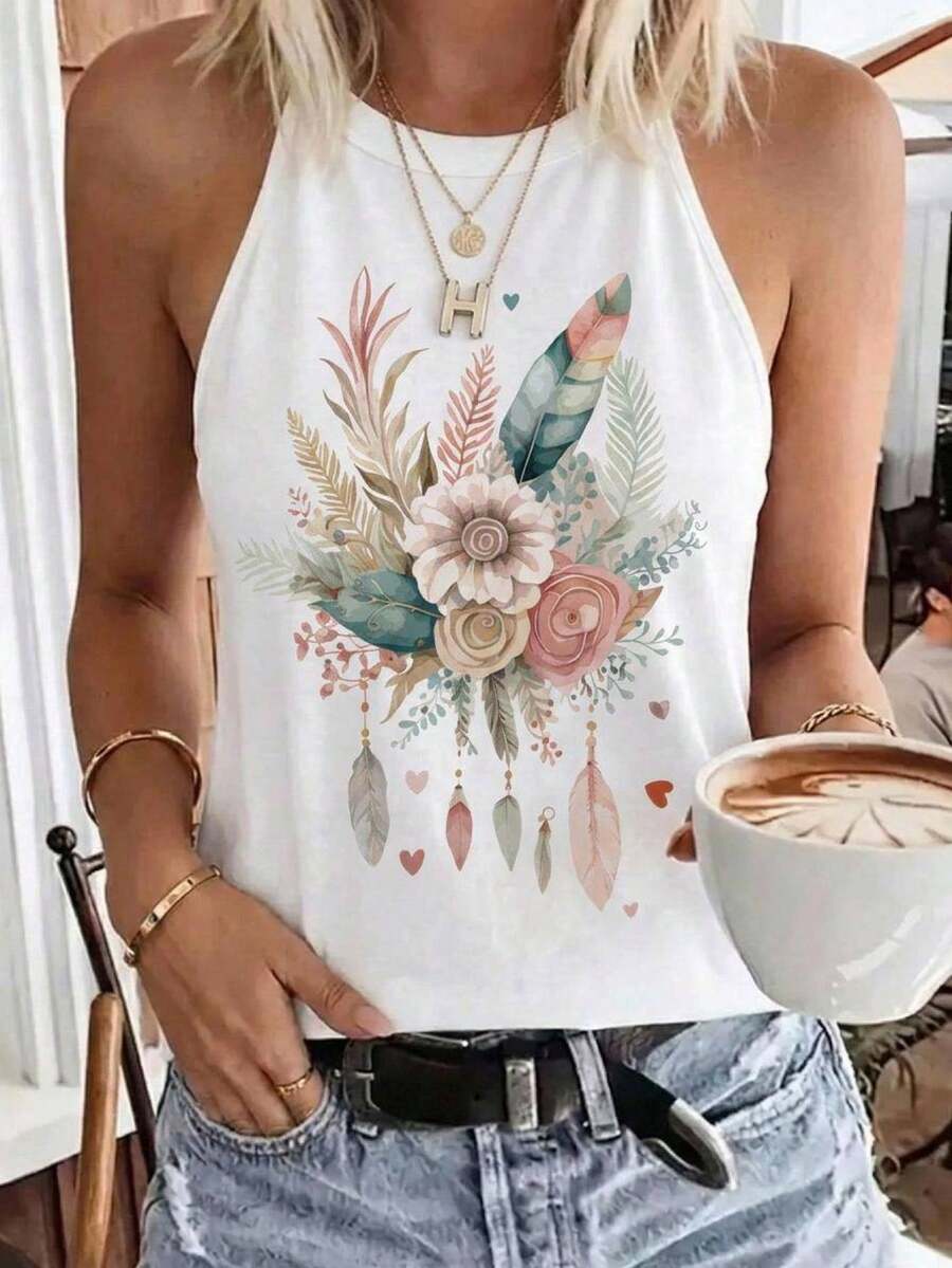 SHEIN LUNE Áo tank top nữ dáng ôm, cổ yếm, họa tiết hoa phong cách thường ngày, phù hợp cho mùa hè và đi học lại - trắng - Xem 1