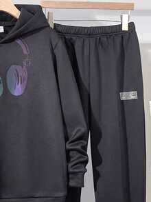 SHEIN Teen Boys Casual Loose Comfortable Colorful Graphic Print Autumn Hoodie & Sweatpants Set With Woven Label Decoration - Dark Grey - View 6