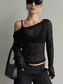 Dazy Tall Women's Asymmetric Shoulder Long Sleeve Textured Semi-Sheer Casual Top Fall - Black - View 3