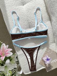 SHEIN Swim 女款比基尼泳衣 性感純色拼色比基尼，內建胸墊短版背心式泳衣，適合度假、海灘穿搭、Y2K、健身套裝，情人節新年派對度假穿著，城市到海灘波希米亞風 SS26 春夏海灘裝 - 咖啡棕 - 查看 4