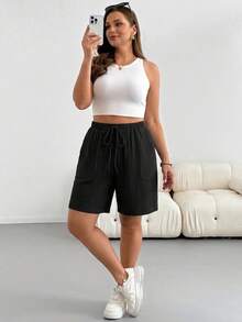 Shapeblank Shorts casuales versátiles de uso diario para mujer talla grande, color liso, con cintura con cordón - Negro - Ver 7