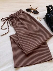 SHEIN EZwear 秋季新款女式休閒極簡棕色條紋腰綁帶直筒長褲，適合秋季，秋季長褲，適合日常通勤、聚會、秋冬/夏季、聖誕節、新年、感恩節、派對、婚禮、海灘、畢業典禮、優雅、外出、約會、通勤、情人節、優雅、度假、Y2K、畢業典禮 - 彩色 - 查看 5
