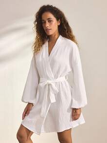 Ocili Leisure Pure Cotton Double Layer Crepe Fabric Minimalist Comfortable Neutral Soft Long Sleeve Robe Pajamas Women's Loungewear - White - View 6