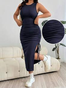 Solflare Plus Size Women's Navy Blue Summer Smart Casual Ruched Side Slit Dress,Shirring Night Party Wedding Guest Dress,Vacation Beach Sundress,Y2k Birthday - Navy Blue - View 1