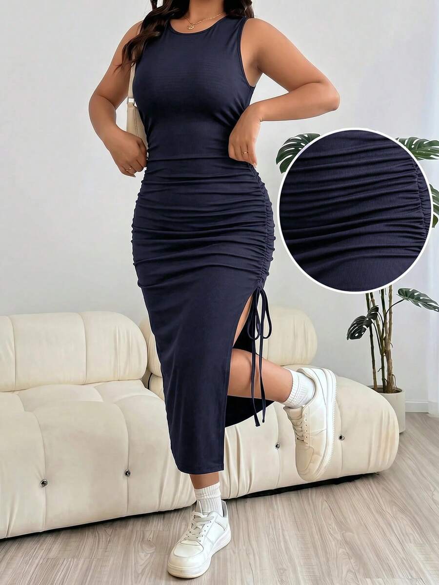 Solflare Plus Size Women's Navy Blue Summer Smart Casual Ruched Side Slit Dress,Shirring Night Party Wedding Guest Dress,Vacation Beach Sundress,Y2k Birthday - Navy Blue - View 1