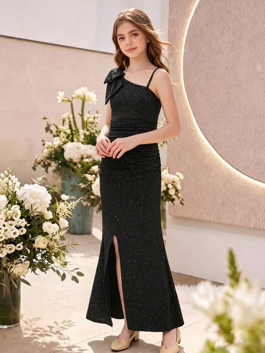 SHEIN 青少年女孩休閒返校簡約純黑色細肩帶高腰魚尾裙 - 黑色 - 查看 1