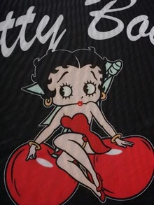 Betty Boop x SHEIN 女款夏季海灘豹紋掛脖比基尼套裝，附短袖罩衫上衣 - 黑色 - 查看 10